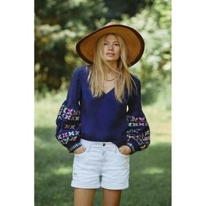 Maeve Anthropologie Embroidered Floral Puff Sleeve V Neck Navy boho Blouse Top 4